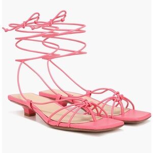 Veronica Beard Foley Ankle Tie Coral Pink Leather Kitten Heel Sandals 6.5 36.5